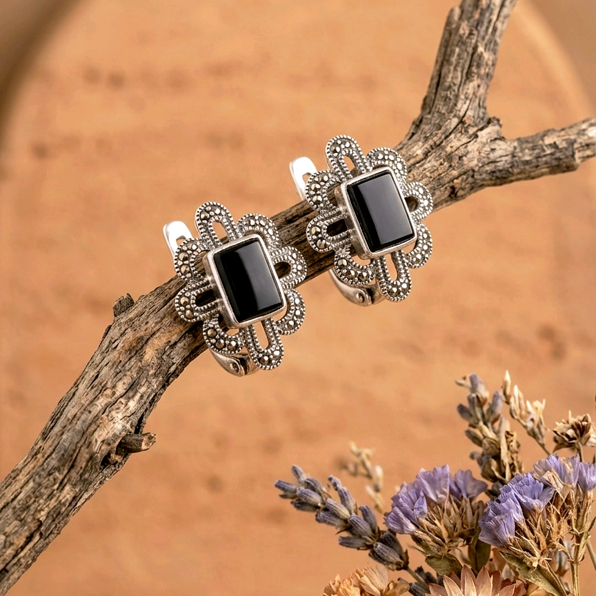 Black Onyx Marcasite Silver Earrings
